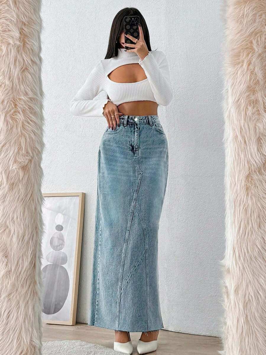 SHEIN Cottnline High Waist Back Slit Denim Skirt Stylish Casual - Medium Wash - View 1