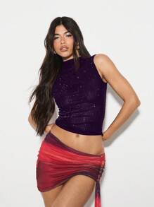 KIZN 无袖立领铆钉短款上衣网眼派对俱乐部晚会节日合身俱乐部服装水晶水钻装饰露背夜总会 - 紫色 - 查看 6