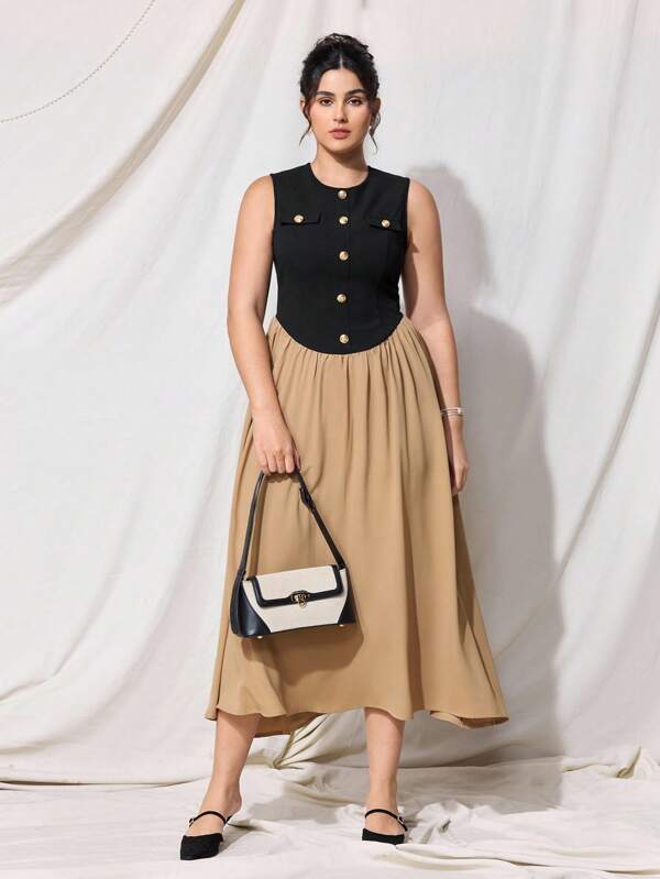 SHEIN MOD Plus Size Women 2 In 1 Knitted Dress, Summer New Slimming Dress, Umbrella Skirt, Black And Khaki Contrast Stitching, Long Dress, Casual, Elegant, Commuting, College Style