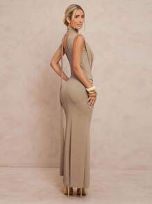 Lumalex 女式扭花领单肩鱼尾修身闪亮超长连衣裙 - 卡其色 - 查看 3