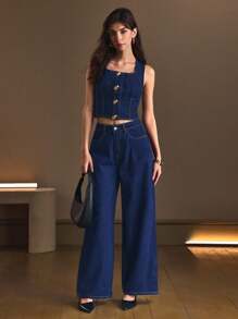 SHEIN Frenchy 休闲方领无袖牛仔短款上衣 - 深色水洗藍 - 查看 7