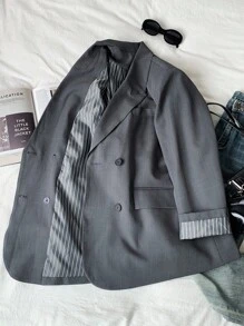 SHEIN EZwear Áo khoác Blazer hai hàng khuy thường ngày/công sở cỡ lớn - Xám - Xem 1