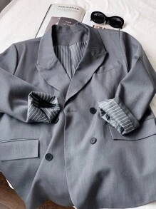 SHEIN EZwear Áo khoác Blazer hai hàng khuy thường ngày/công sở cỡ lớn - Xám - Xem 3