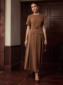 ZEYLAH DOUBLE-BREASTED DECOR BELTED DRESS