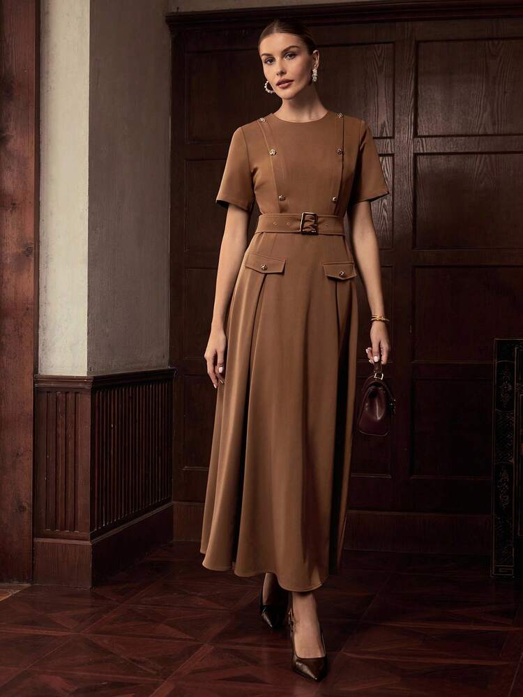 ZEYLAH DOUBLE-BREASTED DECOR BELTED DRESS