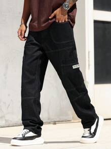 Manfinity Homme Quần Jeans Denim Ống Rộng Phong Cách Đường Phố Đơn Giản Tối Giản Túi Nam Quần Jeans Rộng Baggy Thời Trang Đường Phố - Rửa tối - Xem 6