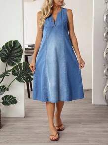 EMERY ROSE Women's Solid Color Notched Collar Patch Pocket Casual Sleeveless Denim Dress