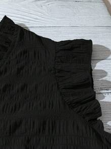 Linhara Plus Size Women's Solid Color Textured Fabric V-Neck Ruffle Trim Puff Sleeve Fitted Casual Regular Blouse - Black - View 3