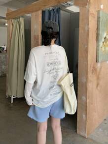 DAZY Camiseta holgada de mujer con estampado de eslogan y hombros caídos, para otoño - Blanco - Ver 5