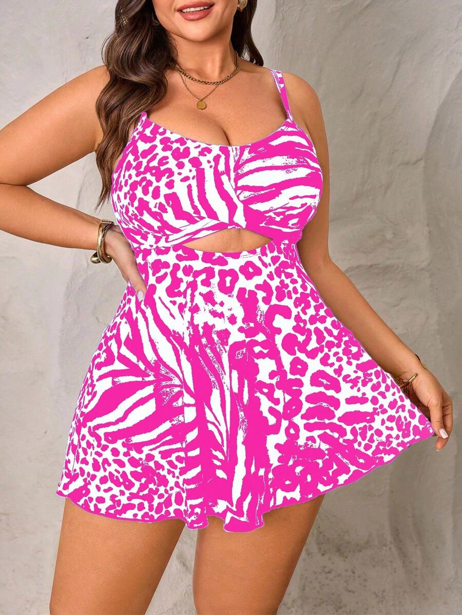 Swim Lushoire 加大码女式豹纹镂空性感吊带泳衣，搭配泳裤 - 粉色 - 查看 1