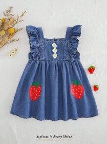 Cozy Pixies Baby Girl Strawberry Print Square Neck Ruffle Hem Sleeveless Waist Cinched Dress - Blue - View 1