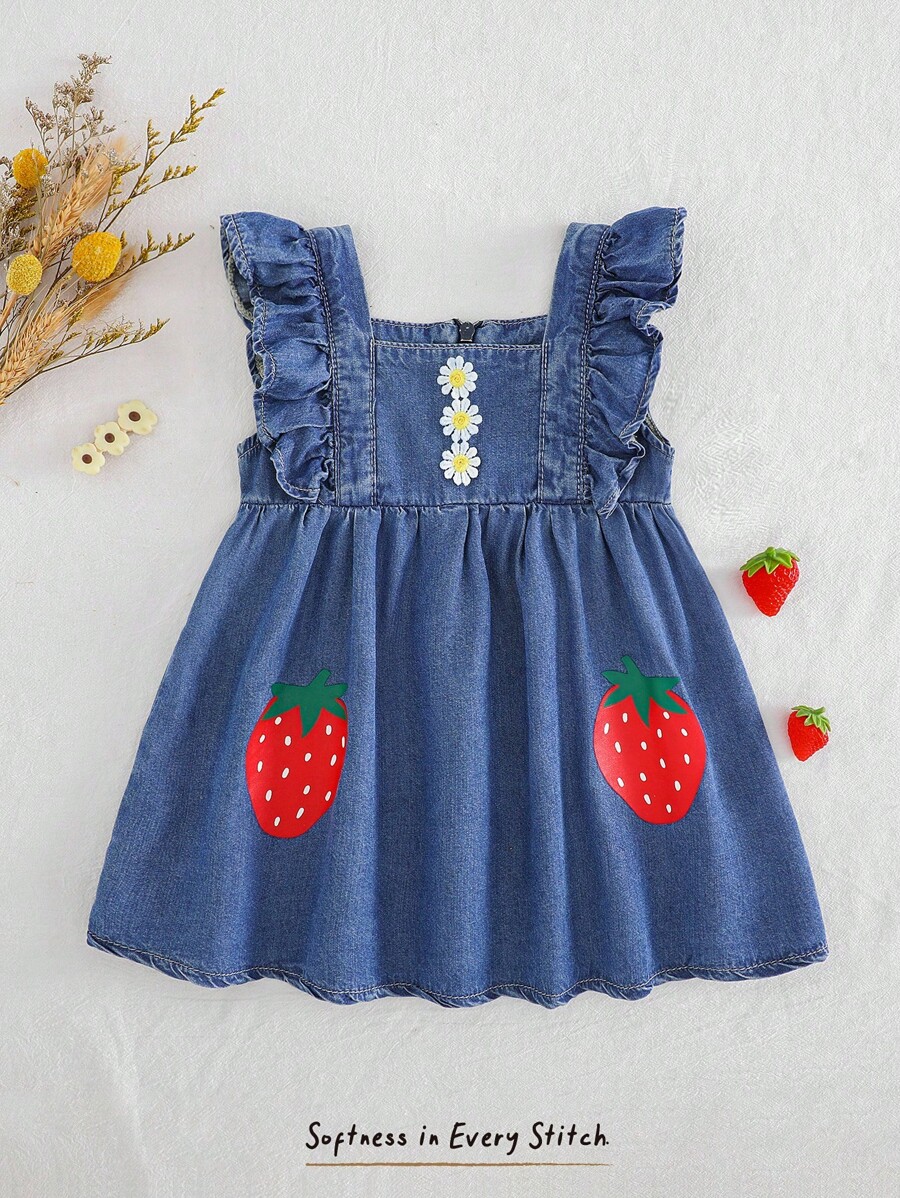 Cozy Pixies Baby Girl Strawberry Print Square Neck Ruffle Hem Sleeveless Waist Cinched Dress - Blue - View 1