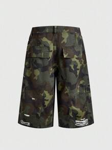 ROMWE MEN Street Life Men's Glitter Camouflage Cargo Pocket 3/4 Length Denim Shorts - Blue - View 3