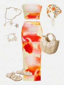 Girlism 2 件套少女黄色热带印花度假风格修身抹胸和长裙套装 - 黃色 - 查看 1