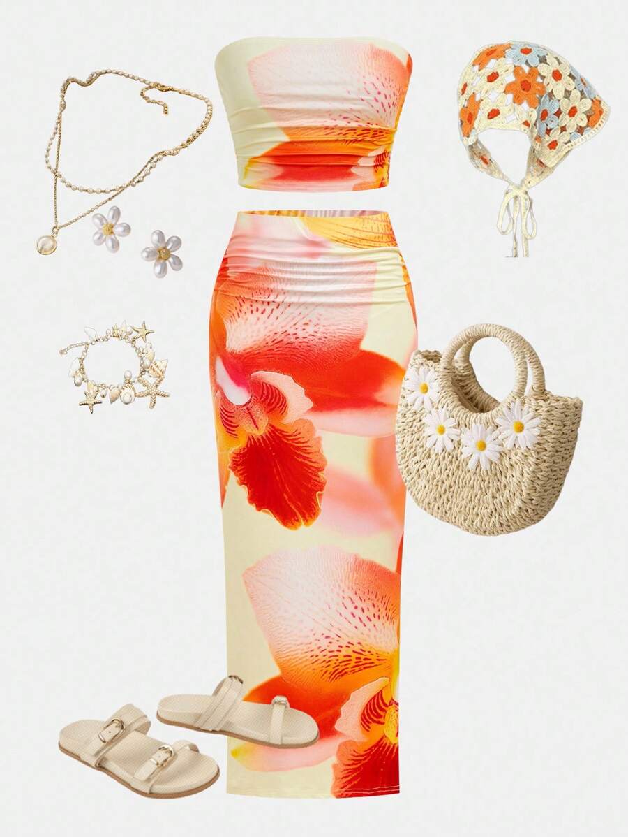 Girlism 2 件套少女黄色热带印花度假风格修身抹胸和长裙套装 - 黃色 - 查看 1