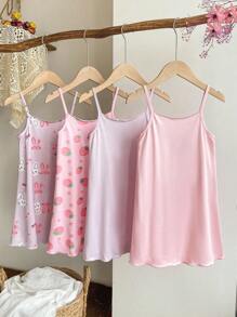 4 piezas Conjunto de pijama para niña: Estampado de fresa rosa claro con diseño "SWEET", Ajuste holgado con gráfico de conejo de dibujos animados lavanda, Hecho de tela suave y ligera, Estilo simple y cómodo, Adecuado para combinar madre e hija (se venden por separado), Conjunto de pantalones cortos de pijama para niñas, Moda de regreso a la escuela, Top de verano - Multicolor - Ver 2