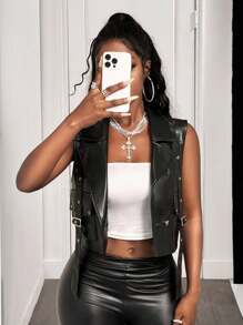 BamGleam Women's Fashion Punk Rock Style Vest Jacket - Black - View 7