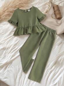 SHEIN Vintaside Kids 少女荷葉邊泡泡袖上衣和褲子 - 軍綠色 - 查看 8