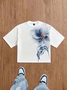 Claim Dot 男士时尚花卉印花宽松短款T恤，适合夏季，情侣装，男士短款上衣 - 白色 - 查看 1