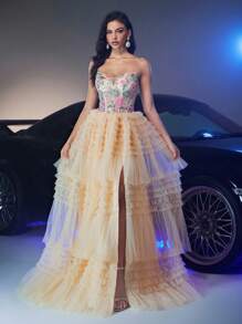 Glamrae Váy xẻ tà gợi cảm nhiều màu ren thêu sequins hoa xếp lớp xếp nếp viền lớn sang trọng thanh lịch, thích hợp cho đám cưới, tiệc tùng, vũ hội, kỳ nghỉ, tiệc tối (được trang trí nhiều) - Màu Khaki - Xem 5
