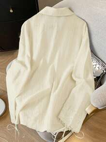 SHEIN Clasi 女士优雅撞色蕾丝长袖单排扣衬衫 - 黃色 - 查看 2