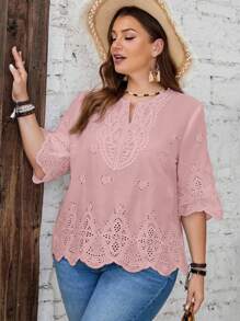 EMERY ROSE Blouse ample en couleur unie brodée et ajourée, style décontracté pour l'été