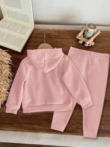 SHEIN 女婴针织柔软连帽衫和裤子套装，休闲宽松长袖运动服，适合秋冬季 - 粉色 - 查看 2