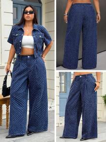 SHEIN ICON 大码女式钩针细节牛仔阔腿连体裤，春夏