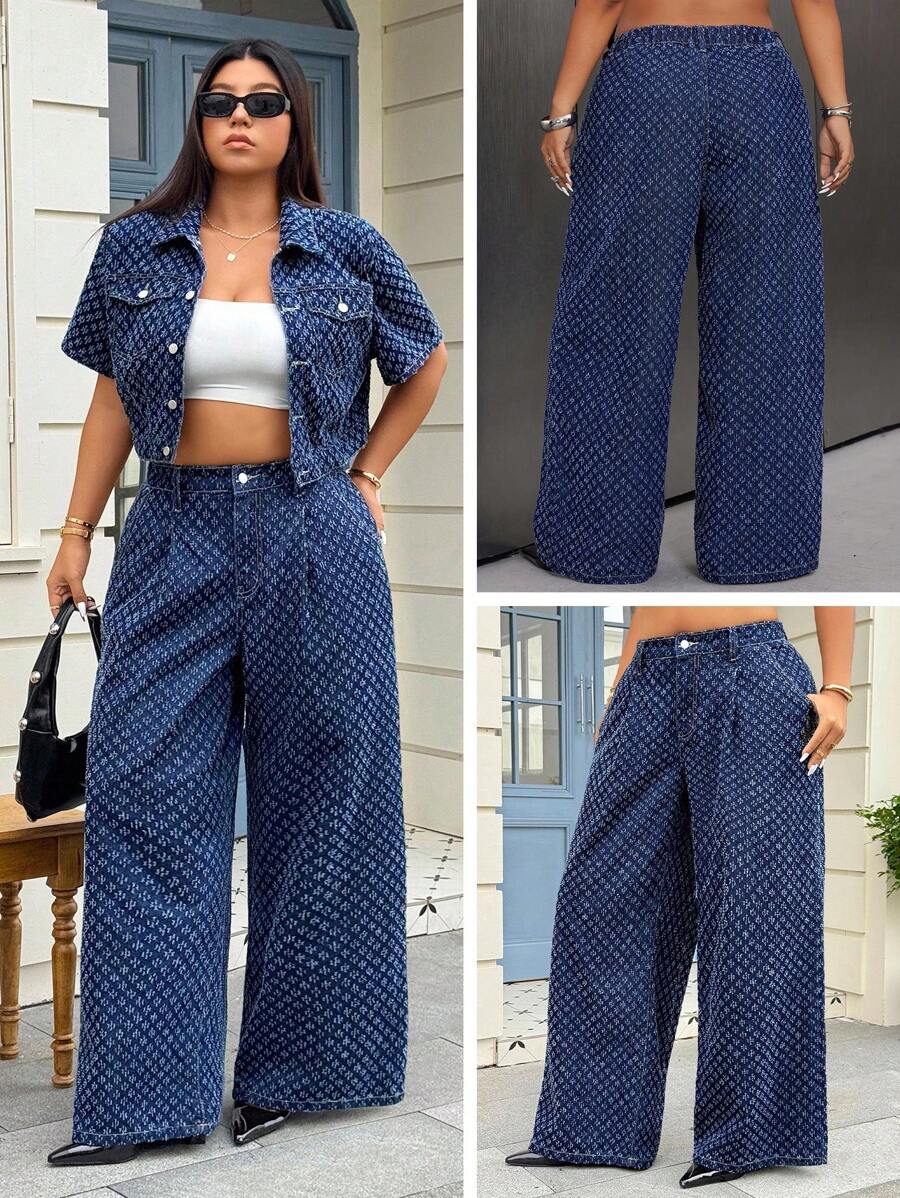 SHEIN ICON 大码女式钩针细节牛仔阔腿连体裤，春夏