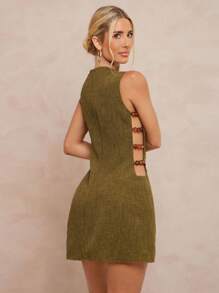 Lumalex Abito mini a-line smanicato con scollo a v, arricciato in vita con decorazioni di perline