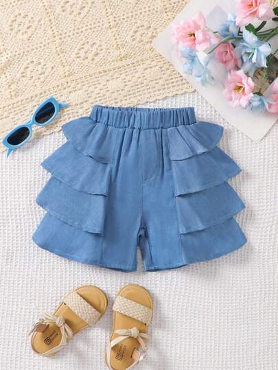 New Fashion Cute Versatile Party Blue Ruffled Layer Shorts For Young Girl