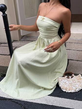 MainGRL Old Money Dress Elegant Strapless Plain Long Dress In Soft Woven Fabric For Summer Style Green Sundress Strapless Sundress Long Vacation Dress Strapless Summer Dress,Fall Wedding Guest Dress