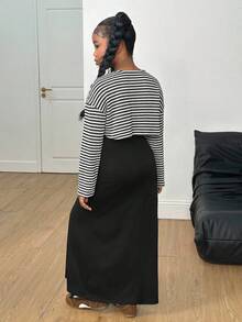 SHEIN Tween Girls Striped Loose Top + Strap Maxi Dress 2 Piece Set, Casual Daily Fashion Versatile Outfit Girls Black And White Stripe Shirt Long Black Skirt Skirt Two Piece Set Girls Black And White Striped Top And Black Maxi Skirt Set Teen Girl Skirt Set Girls Black And White Striped Top And Skirt Set Black And White Striped Shirt And Black Skirt - Black - View 2