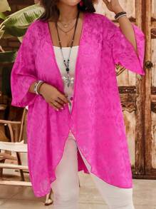 EMERY ROSE Plus Size Vacation Casual Boho Rose Red Cutout Design Kimono Cover Up Fall Country Concert Fall,Fall Clothes For Women - Hot Pink - View 3