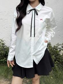 SHEIN Loose Casual Comfortable Butterfly Embroidered Collar Long Sleeve Shirt, Suitable For School Back To School Season, Teen Girls - White - View 4