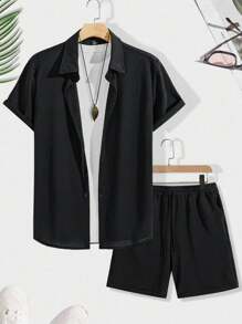 Manfinity Homme Men Casual Textured Button Up Shirt Set, Short Style Men Black Two Pieces Set Men Black Outfit Men Knit Shirt Men Casual Top And Bottom Set Black Vacation Outfit Men - Black - View 3
