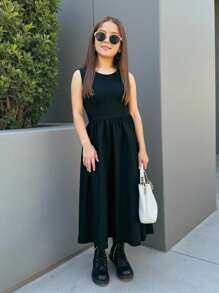 SHEIN Tween Girls' Black Camisole Dress, Casual Daily Versatile Fashionable Outfit - Black - View 7