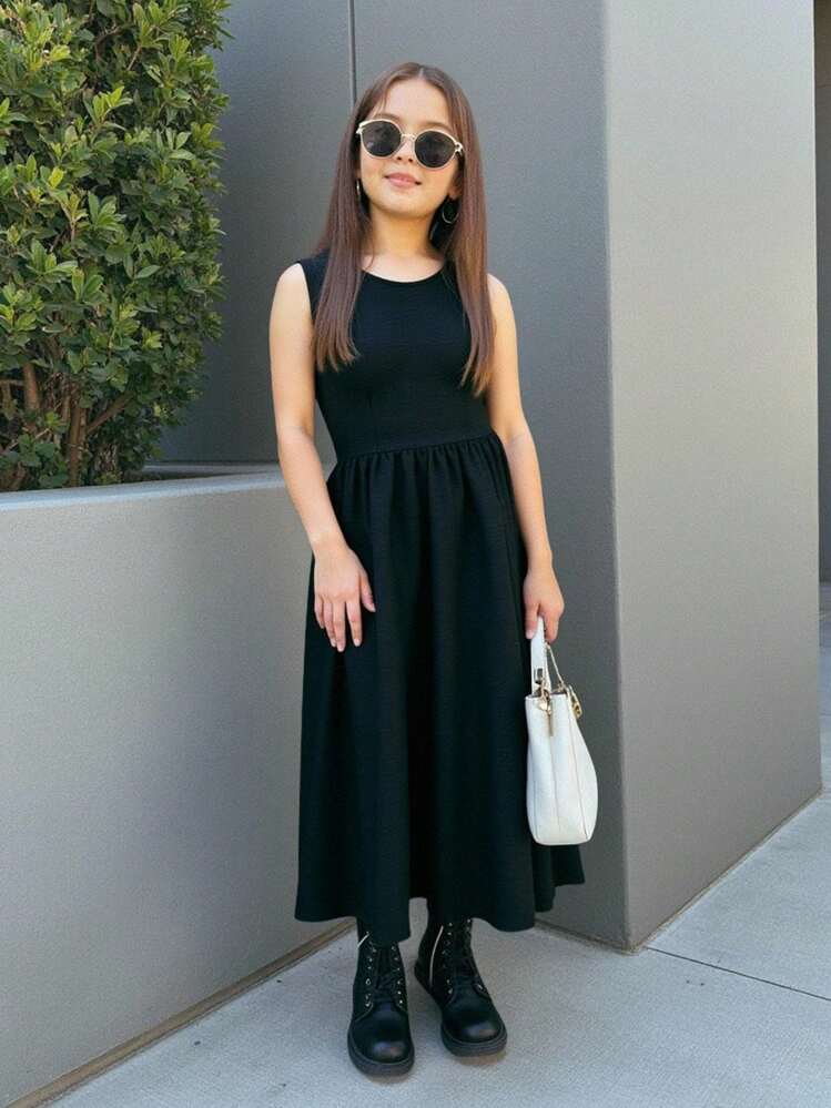 SHEIN 青少年女孩黑色吊带背心连衣裙，日常休闲百搭时尚服装 - 黑色 - 查看 7