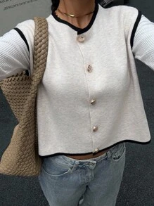 Siren Gaze 女士撞色镶边圆领休闲百搭短款针织背心，杏色针织开衫金属纽扣款针织背心外套，针织毛衣，秋冬四季皆宜 - 杏色 - 查看 4