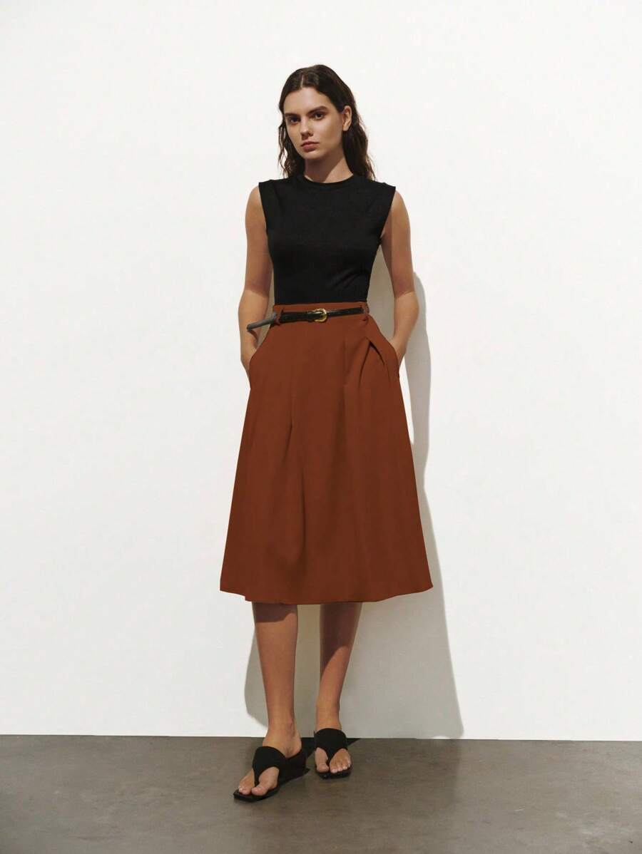 Lumivelle Colorblock Knitted Plaid Pleated Dress Summer Dress Maillard Style Summer Brown Clothes For University - Brown - View 1