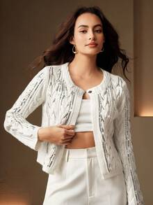 Anewsta Women's Long Sleeve Sequin & Silver Thread Embroidered Knit Cardigan - White - View 3