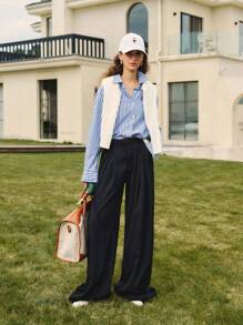 Briarwyn Quần ống rộng xếp ly dệt trơn màu đơn giản dành cho nữ, có túi bên hông, thời trang thu đông dành cho nữ, thời trang trở lại trường, thời trang giáo viên dành cho nữ, phong cách cổ điển dành cho nữ, phong cách quý tộc - màu đen - Xem 6