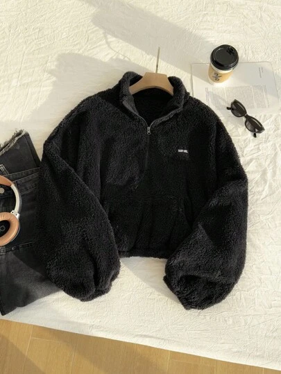 SHEIN EZwear Áo khoác nỉ dài tay in chữ cỡ lớn có khóa kéo cho nữ