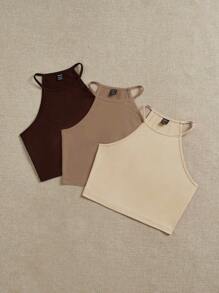 SHEIN EZwear 3 件套女士深棕色、卡其色、杏色背心，适合夏季
