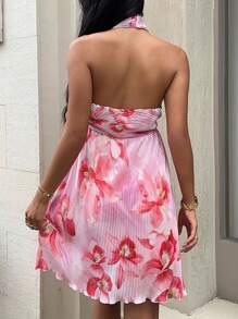 SHEIN EZwear Damen Urlaub Blume Muster Neckholder Chic Minikleid Rosa Blumen Sommerkleid Rosa Sommerkleid Sommer Sommerkleid Neckholder Sommerkleid