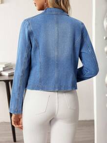 EMERY ROSE Women Lapel Collar Long Sleeve Single Breasted Casual Short Denim Jacket - Blue - View 2