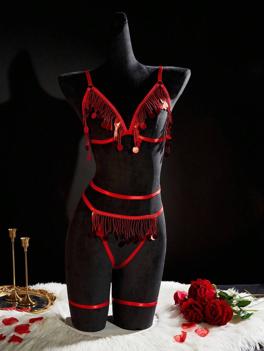 SpicyHot Bộ đồ lót 6 món siêu gợi cảm hở hang lấp lánh dành cho nữ bao gồm: Áo ngực, quần lọt khe, xích eo, vòng tay, 2 khuyên chân, đồ đi chơi - Đỏ - Xem 1