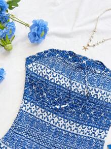 Soleia 女式合身喇叭腰 A 字连衣裙，多层荷叶边下摆，蓝色花卉印花抹胸 - 藍白色 - 查看 3