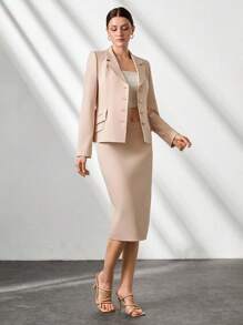 CLARA VERO Woman Solid Color Woven Elegant 2 Pieces Outfits Coords Suit Set Blazer Jacket And Midi Skirt - Beige - View 7