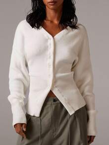 Athîral 女士优质束腰针织开衫 女士开衫 纽扣开衫 薄款开衫 V 领开衫 短款开衫 秋冬白色开衫 - 白色 - 查看 5